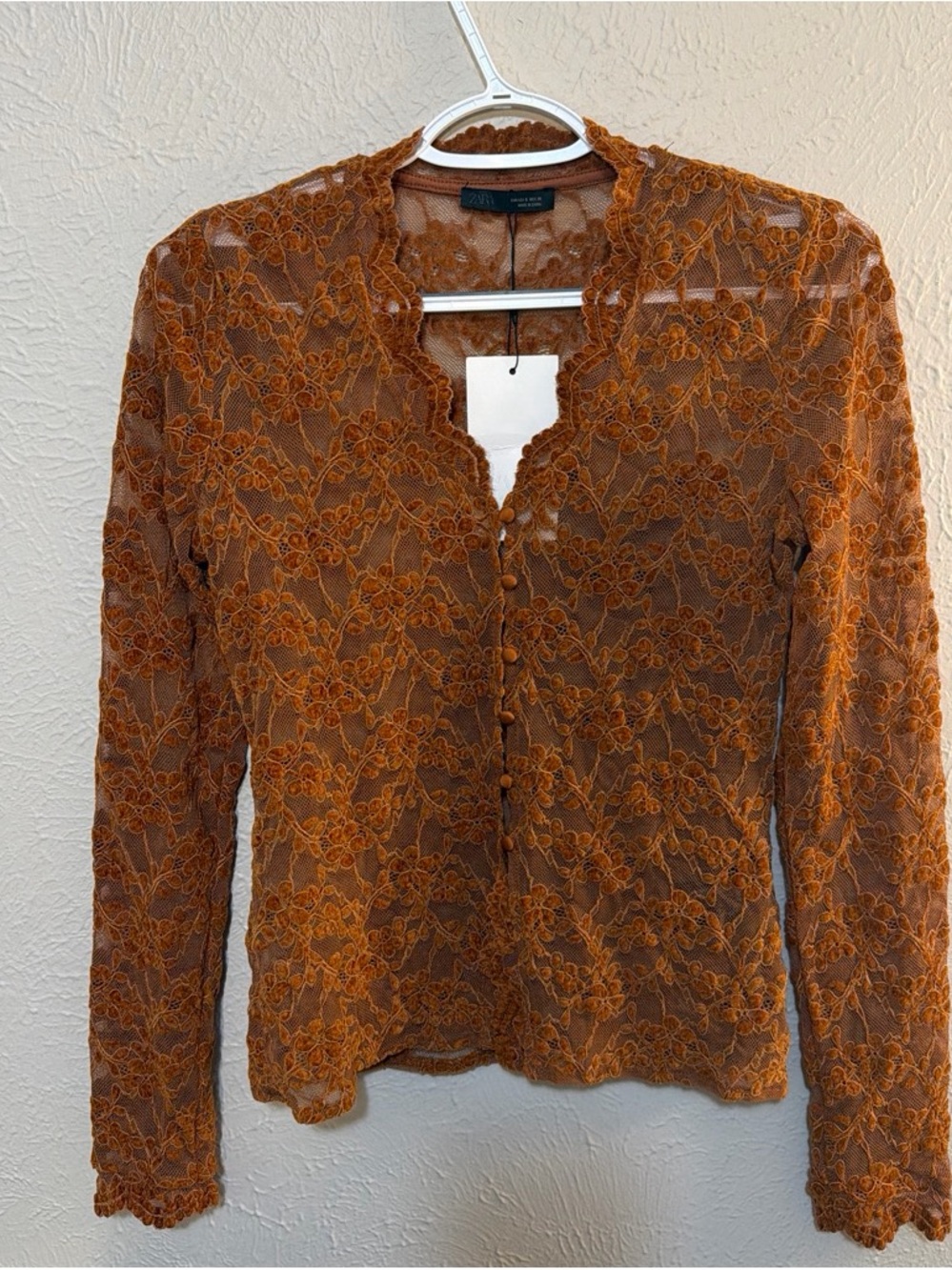 Zara Rust Orange Lace Button-Front Blouse